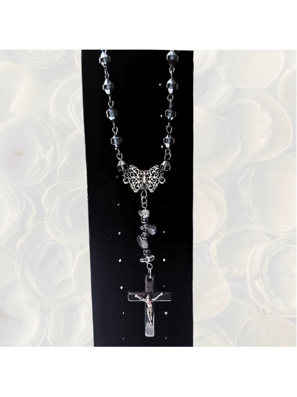 Hematite Cross Butterfly Crystal Necklace Smokey Quartz Clear Quartz Beaded - Thumbnail 5