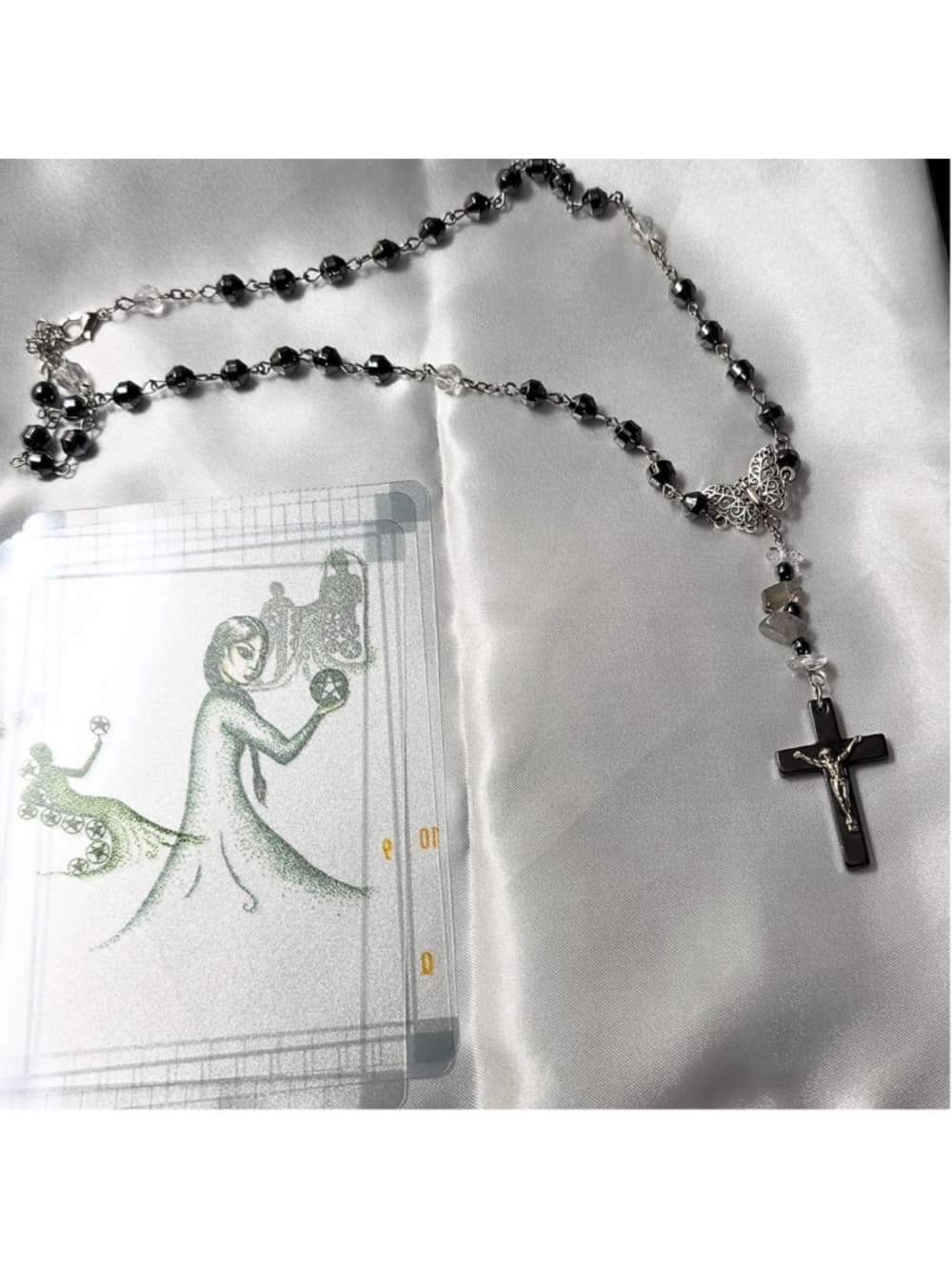 Hematite Cross Butterfly Crystal Necklace Smokey Quartz Clear Quartz Beaded - Thumbnail 4