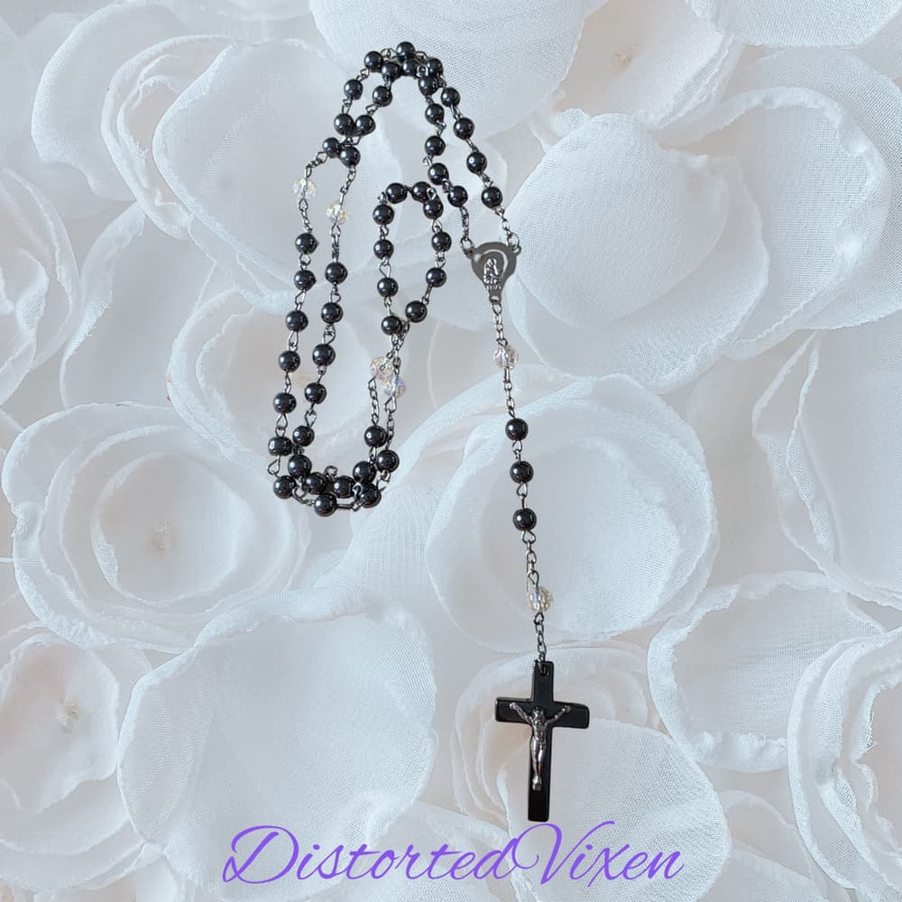 Black Hematite Rosary Necklace – Gothic Cross Pendant, Alternative Religious - Thumbnail 9