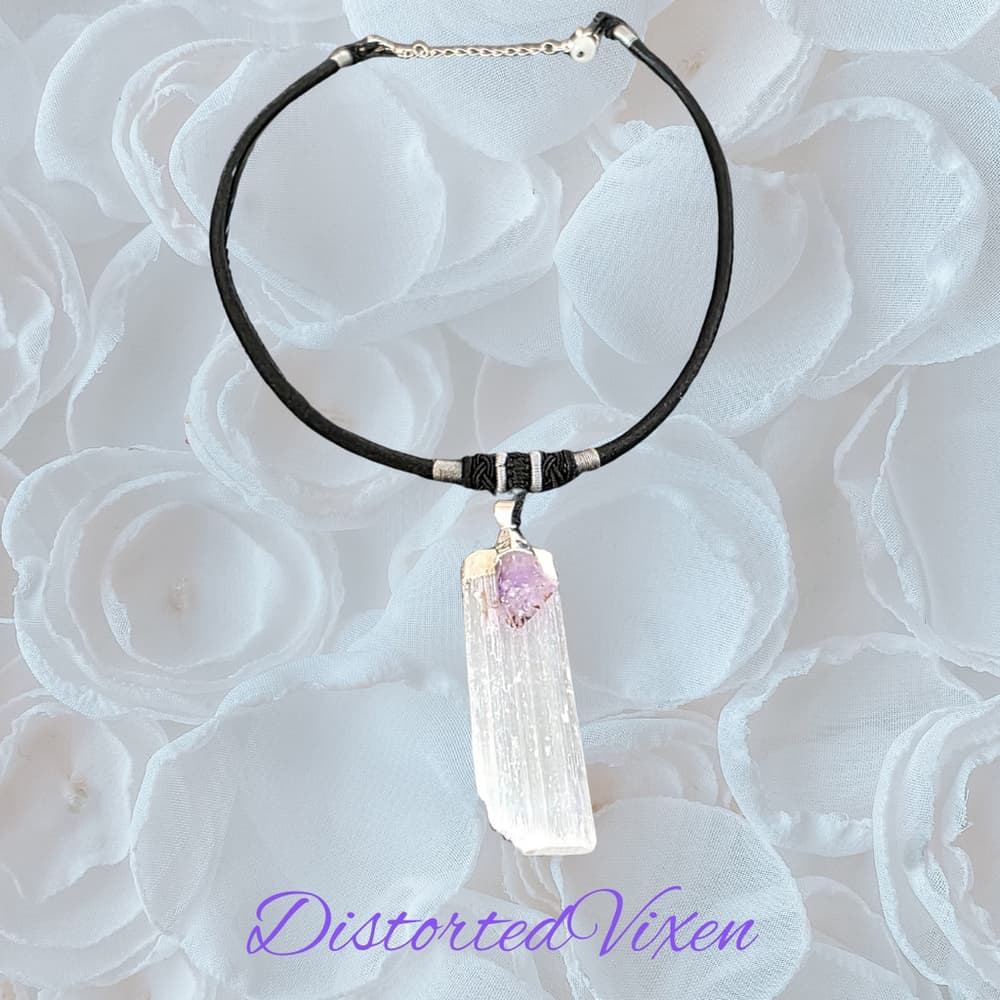 Selenite and Amethyst Choker Necklace | Raw Crystal Pendant for Clarity and Calm - Thumbnail 5