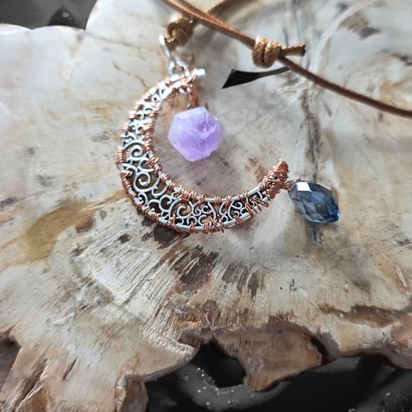 Amethyst Crescent Moon Necklace, Copper Wire Wrapped Pendant, Blue Drop Necklace - Thumbnail 8