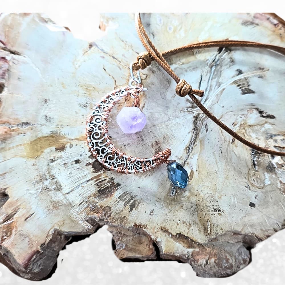 Amethyst Crescent Moon Necklace, Copper Wire Wrapped Pendant, Blue Drop Necklace - Thumbnail 2