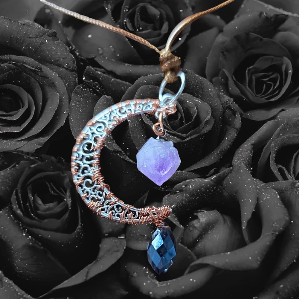 Amethyst Crescent Moon Necklace, Copper Wire Wrapped Pendant, Blue Drop Necklace - Thumbnail 6