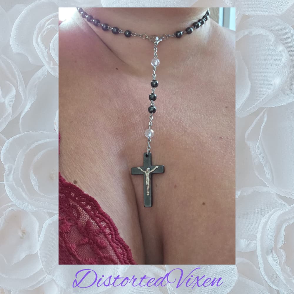 Black Hematite Rosary Necklace – Gothic Cross Pendant, Alternative Religious - Thumbnail 2