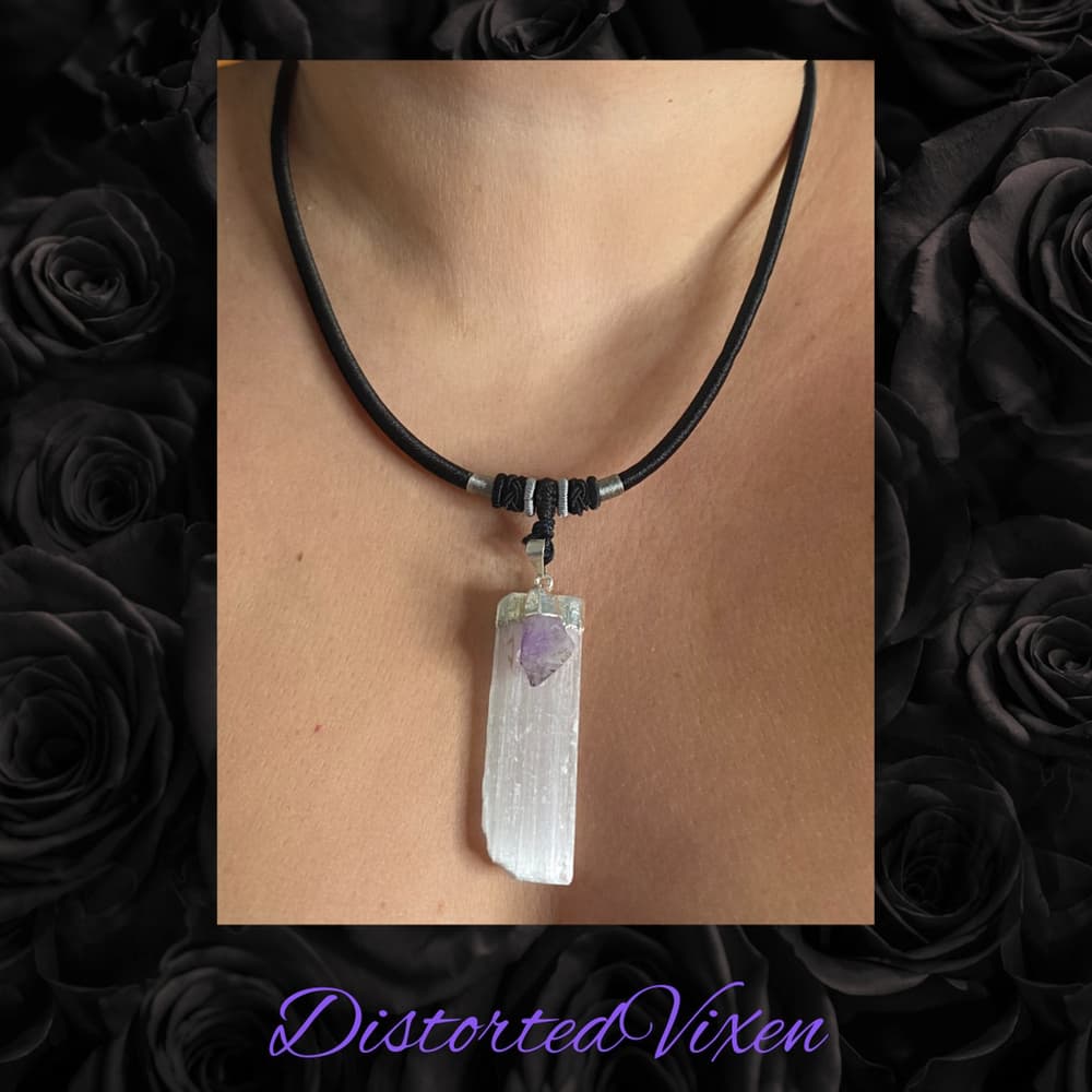 Selenite and Amethyst Choker Necklace | Raw Crystal Pendant for Clarity and Calm - Thumbnail 7