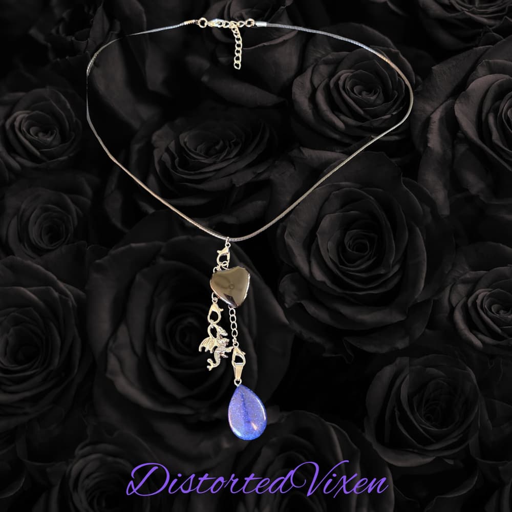 Black Obsidian & Lapis Lazuli Dragon Charm Convertible Necklace Adjustable Cord - Thumbnail 3