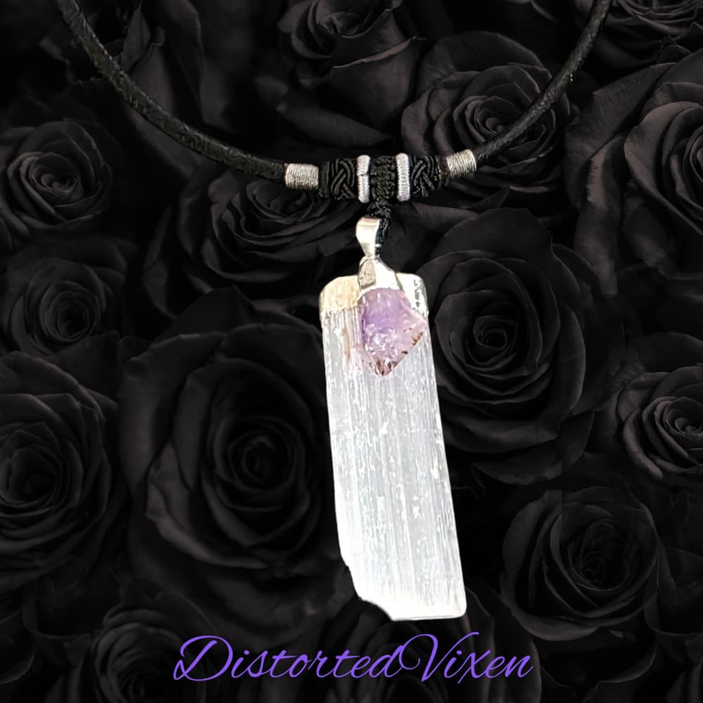 Selenite and Amethyst Choker Necklace | Raw Crystal Pendant for Clarity and Calm - Thumbnail 2