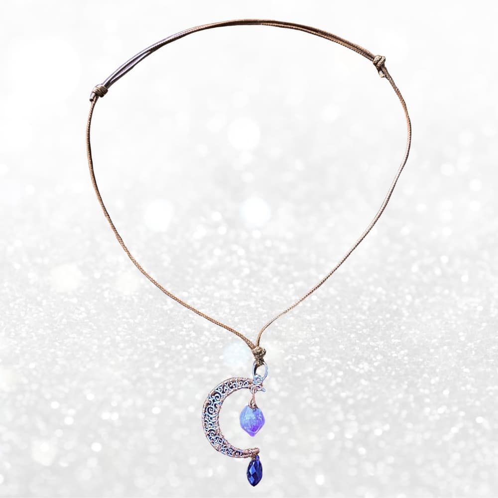 Amethyst Crescent Moon Necklace, Copper Wire Wrapped Pendant, Blue Drop Necklace - Thumbnail 5