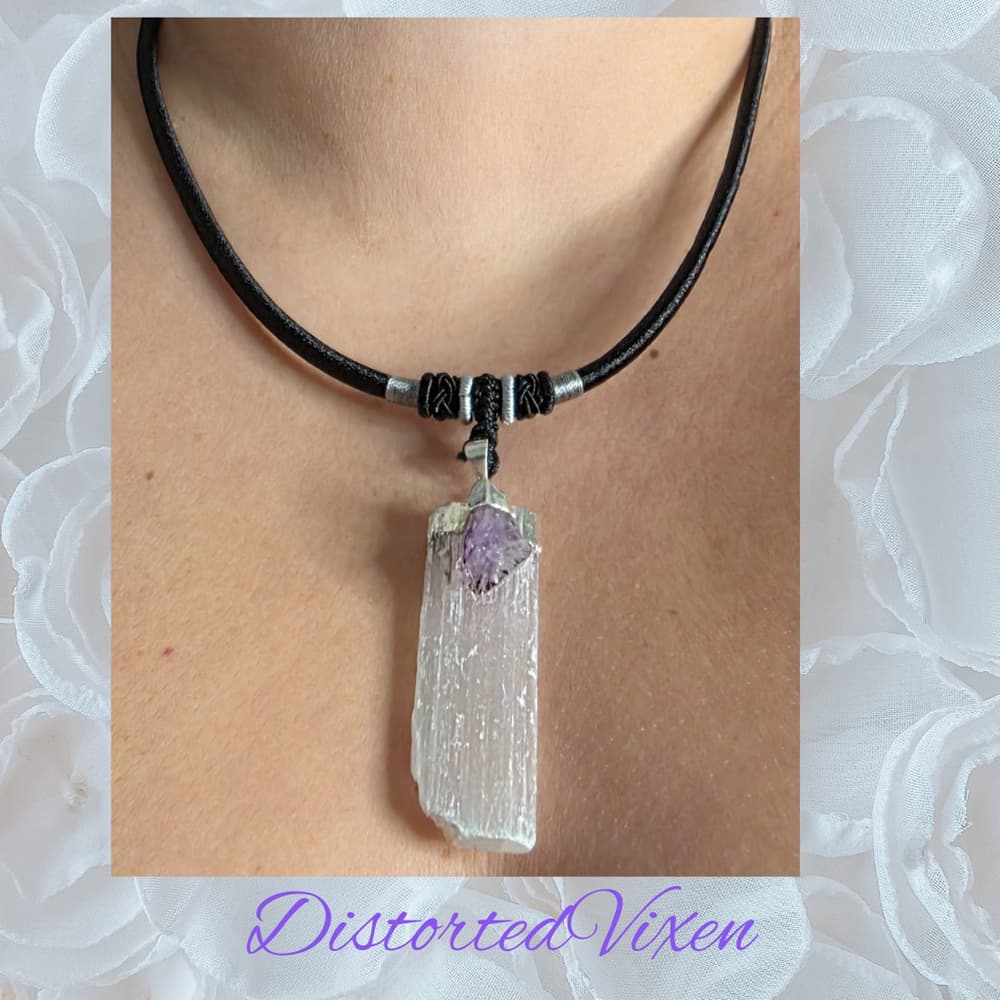 Selenite and Amethyst Choker Necklace | Raw Crystal Pendant for Clarity and Calm - Thumbnail 6