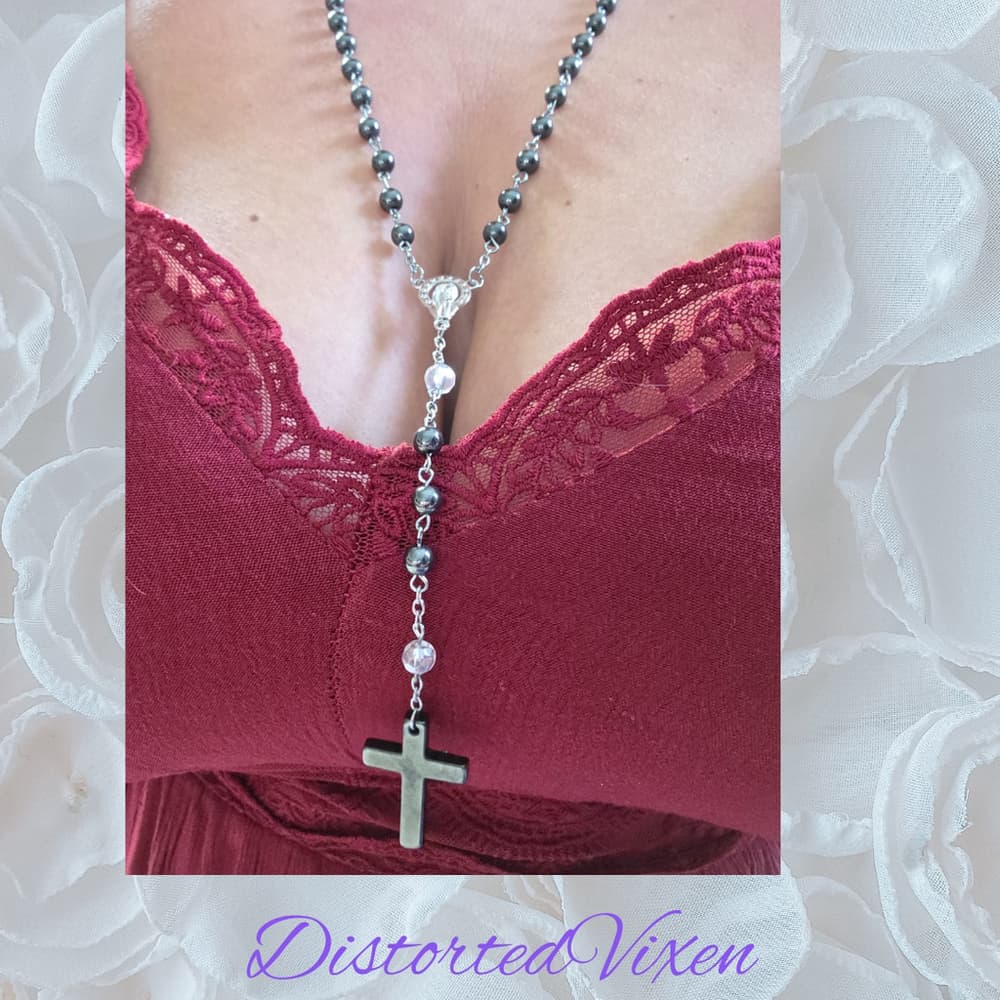 Black Hematite Rosary Necklace – Gothic Cross Pendant, Alternative Religious - Thumbnail 4