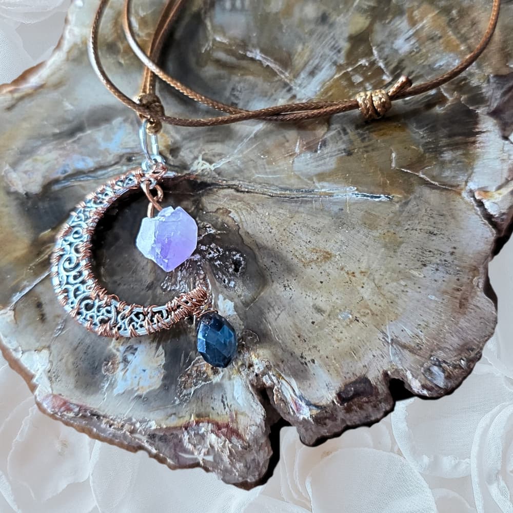 Amethyst Crescent Moon Necklace, Copper Wire Wrapped Pendant, Blue Drop Necklace - Thumbnail 4