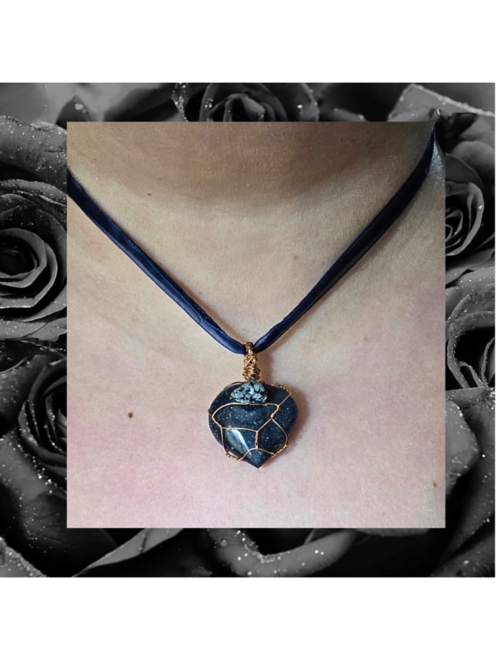 Artisan Wire Wrapped Lapis Lazuli Heart & Snowflake Obsidian Necklace - Thumbnail 6