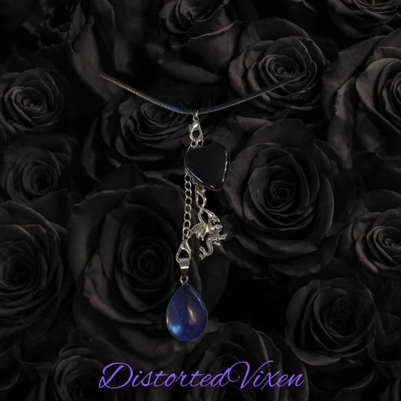 Black Obsidian & Lapis Lazuli Dragon Charm Convertible Necklace Adjustable Cord - Thumbnail 7
