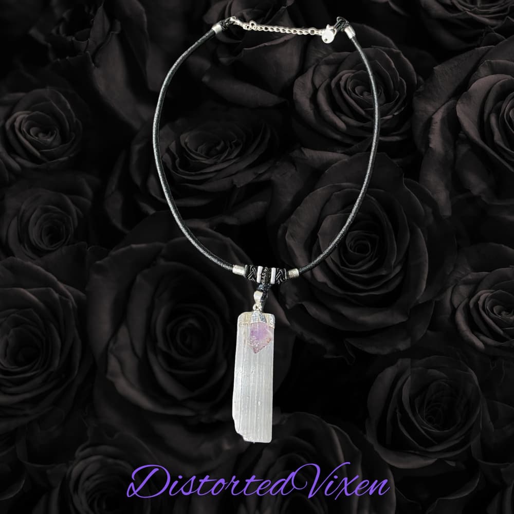 Selenite and Amethyst Choker Necklace | Raw Crystal Pendant for Clarity and Calm - Thumbnail 3