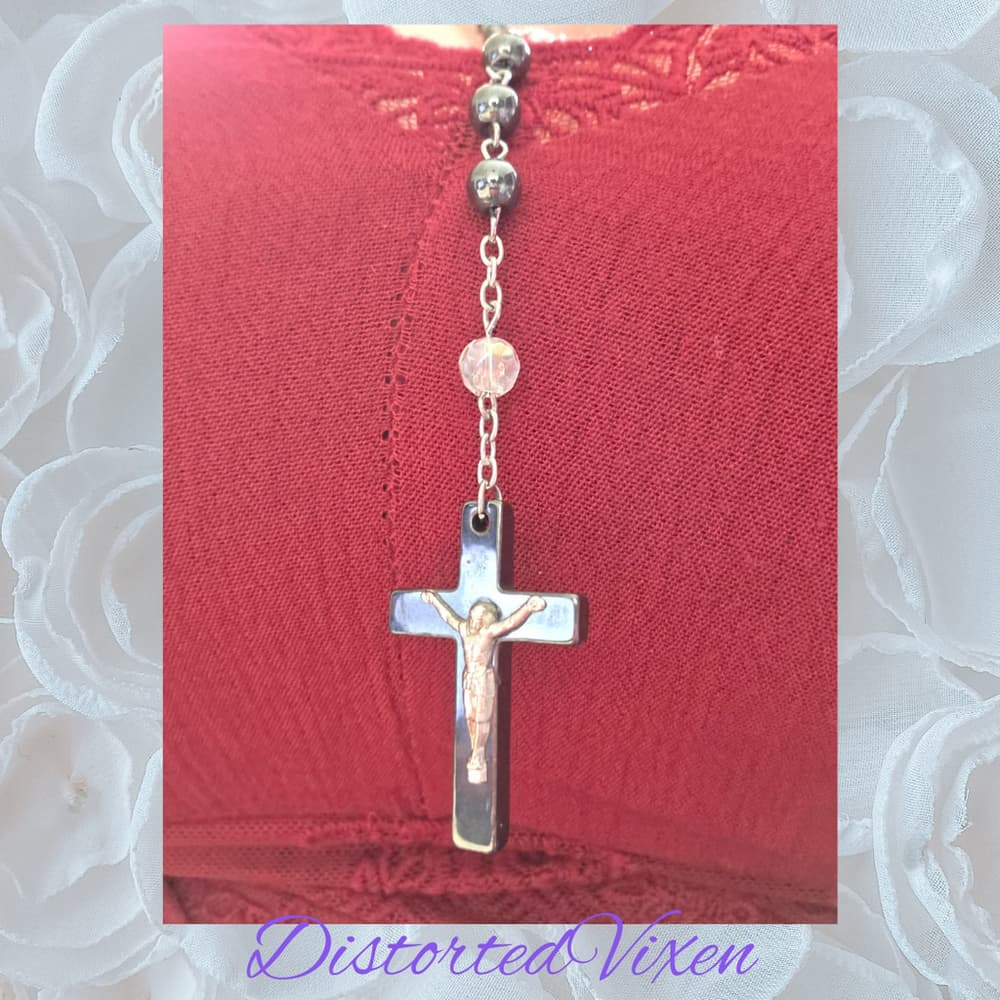 Black Hematite Rosary Necklace – Gothic Cross Pendant, Alternative Religious - Thumbnail 3