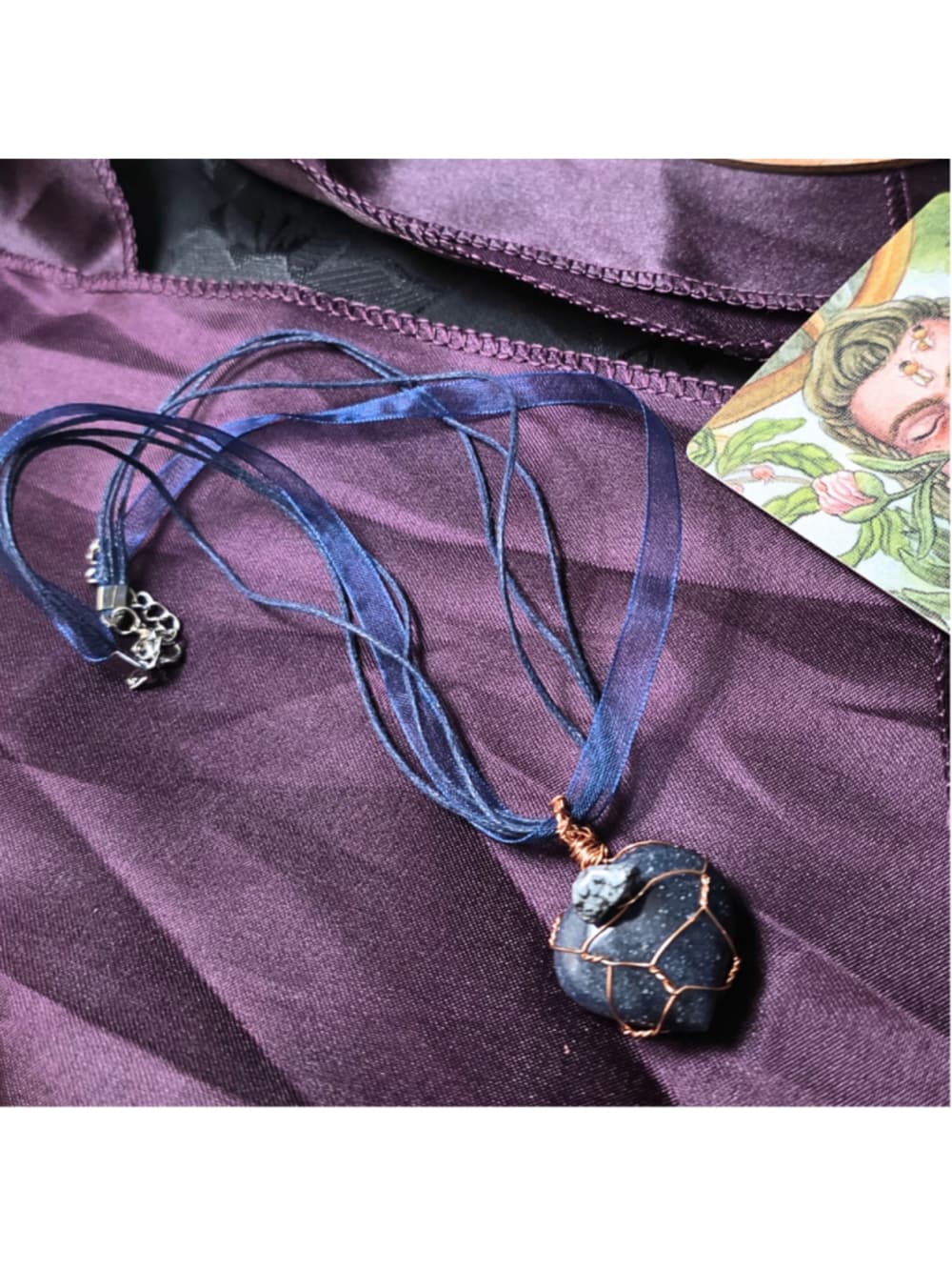Artisan Wire Wrapped Lapis Lazuli Heart & Snowflake Obsidian Necklace - Thumbnail 2