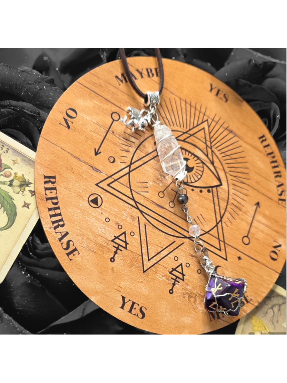 The Weaver of Fate d10 Amulet – Purple 10-Sided Die with Clear Quartz & Hematite - Thumbnail 3