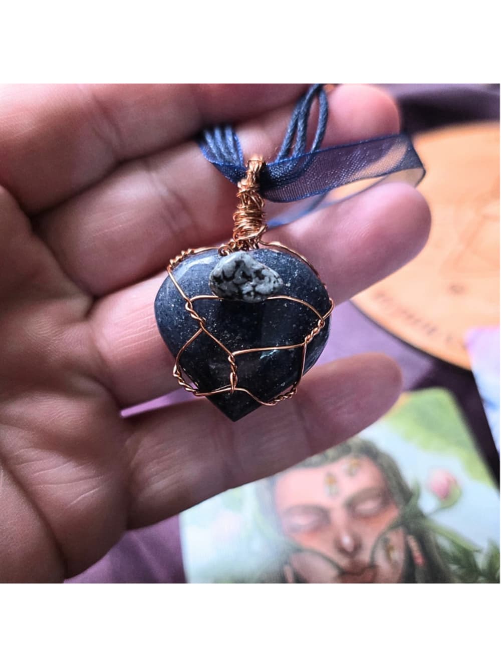 Artisan Wire Wrapped Lapis Lazuli Heart & Snowflake Obsidian Necklace - Thumbnail 4
