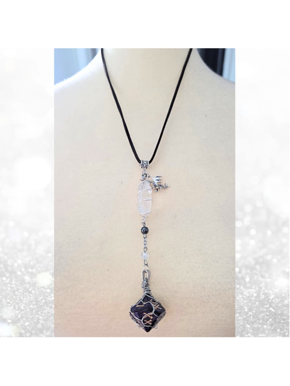 The Weaver of Fate d10 Amulet – Purple 10-Sided Die with Clear Quartz & Hematite - Thumbnail 2