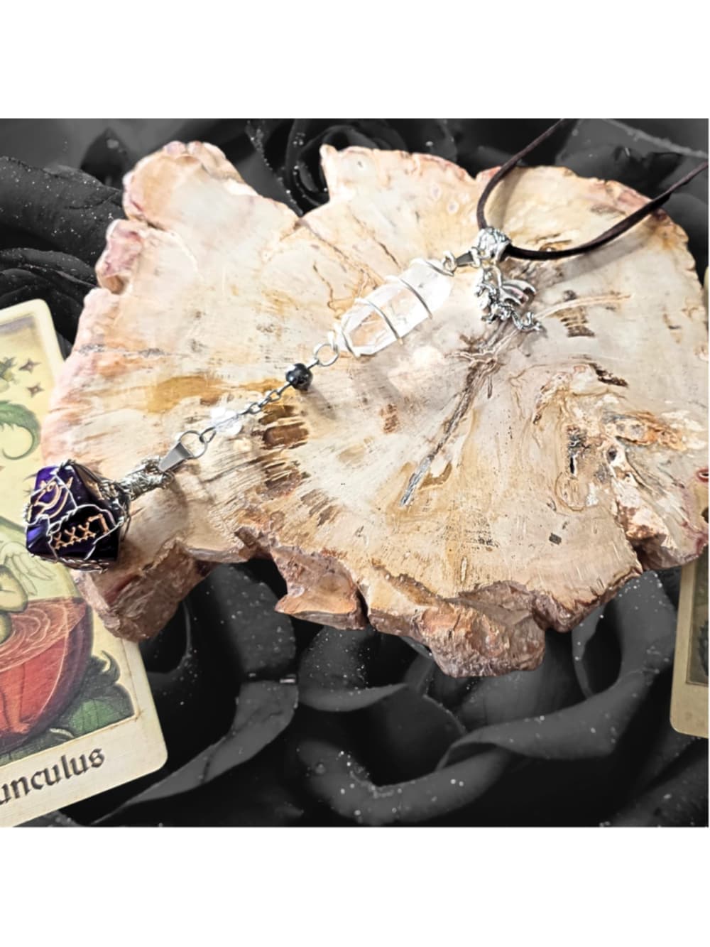 The Weaver of Fate d10 Amulet – Purple 10-Sided Die with Clear Quartz & Hematite - Thumbnail 5
