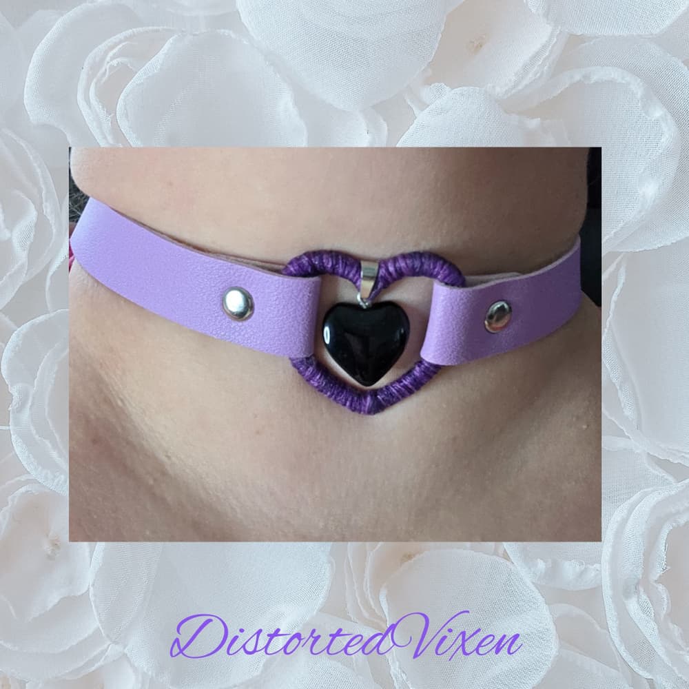 Black Obsidian Heart Choker – Purple Wrapped Heart Gothic Choker Necklace - Thumbnail 5