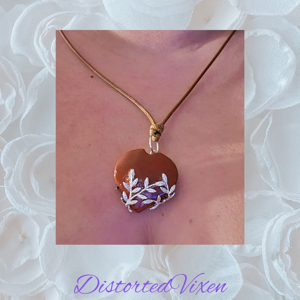 Red Jasper Heart Necklace with Silver Vine Detail Adjustable Cord - Thumbnail 9