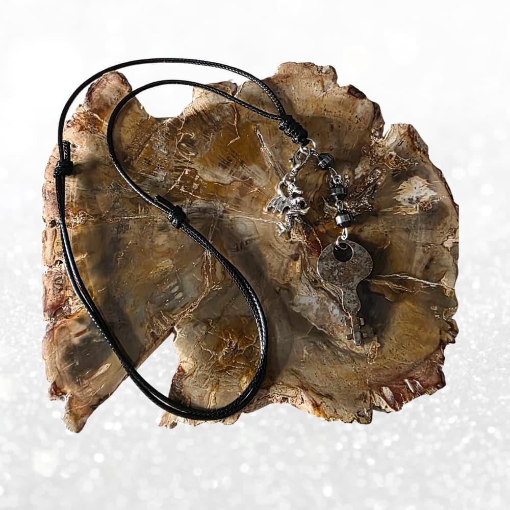 Antique Skeleton Key & Dragon Necklace - Hematite Grounding Jewelry - Thumbnail 5