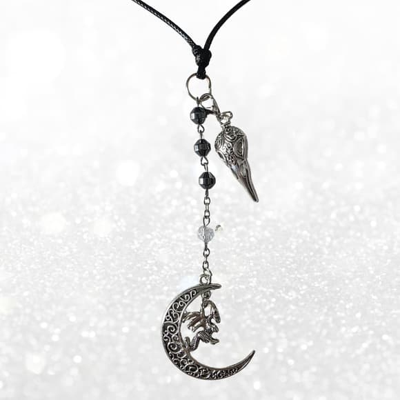 Dragon Moon Necklace with Raven Skull & Hematite - Gothic Witchy Jewelry - Thumbnail 8
