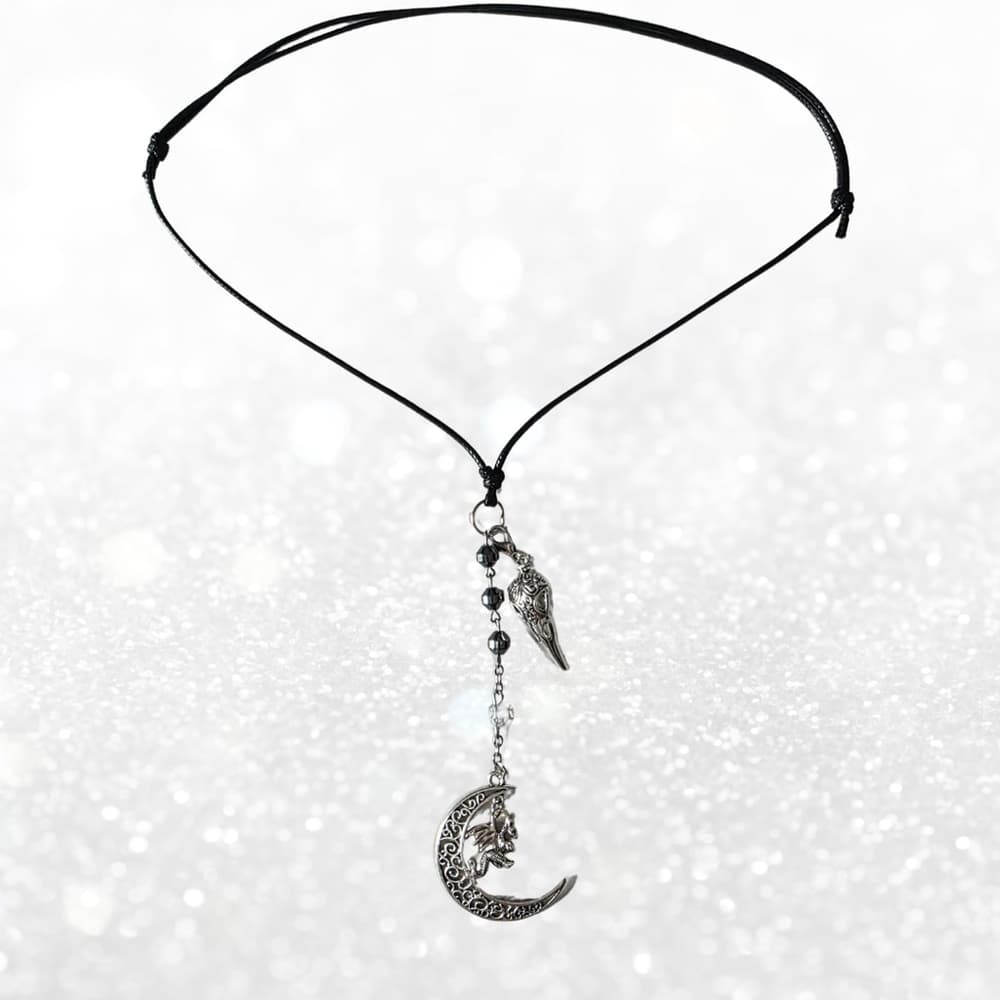 Dragon Moon Necklace with Raven Skull & Hematite - Gothic Witchy Jewelry - Thumbnail 6