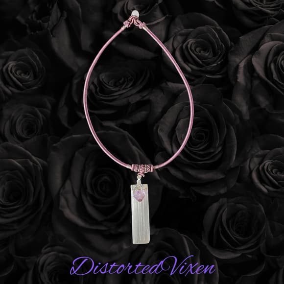 Amethyst & Selenite Necklace | Mauve Cord Choker | Crystal Healing Jewelry - Thumbnail 7