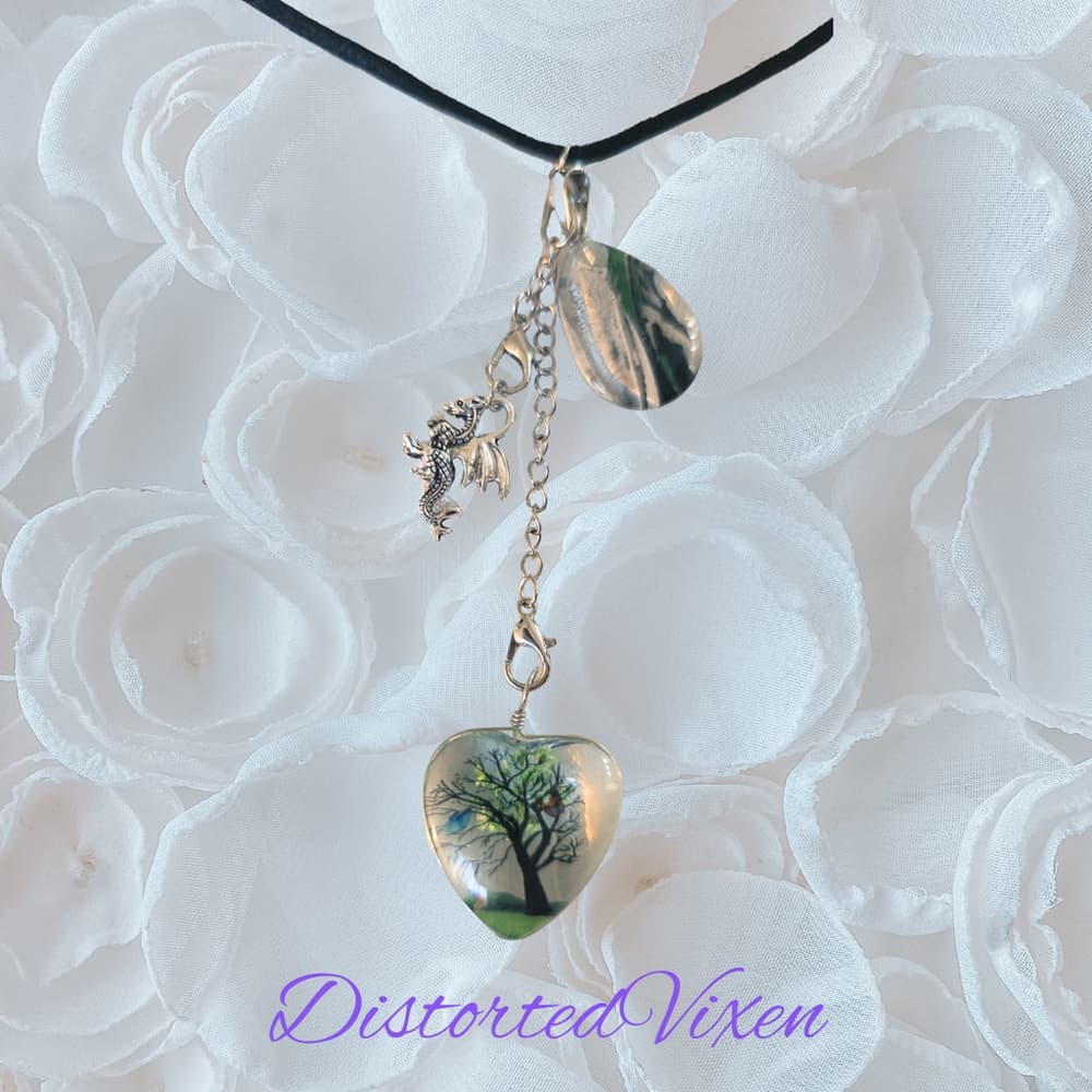 Tree of Life Dragon Necklace – Resin Heart Pendant with Teardrop Charm - Thumbnail 2