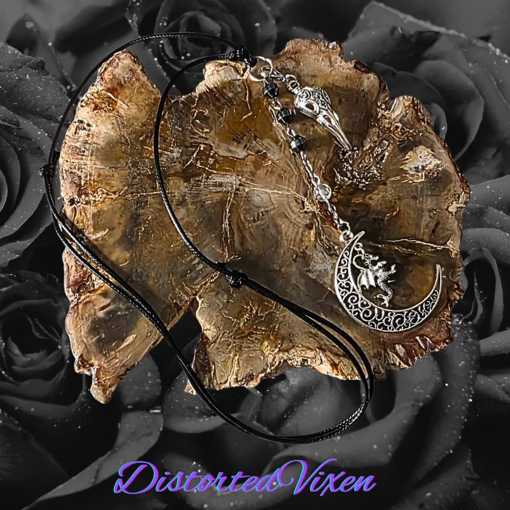Dragon Moon Necklace with Raven Skull & Hematite - Gothic Witchy Jewelry - Thumbnail 2
