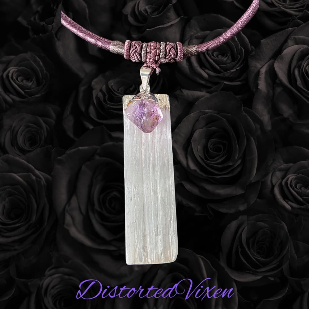 Amethyst & Selenite Necklace | Mauve Cord Choker | Crystal Healing Jewelry - Thumbnail 2