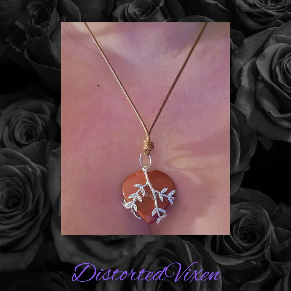 Red Jasper Heart Necklace with Silver Vine Detail Adjustable Cord - Thumbnail 5