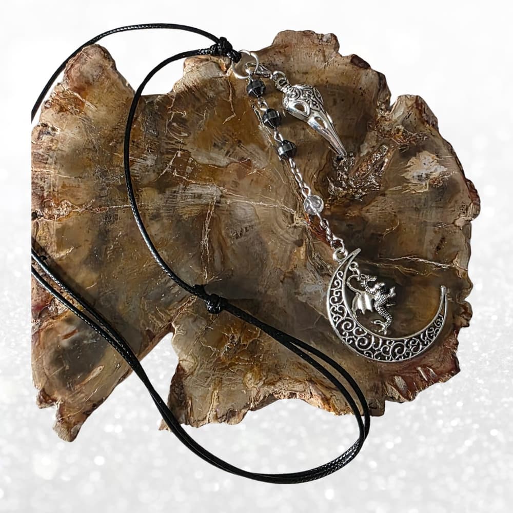 Dragon Moon Necklace with Raven Skull & Hematite - Gothic Witchy Jewelry - Thumbnail 5