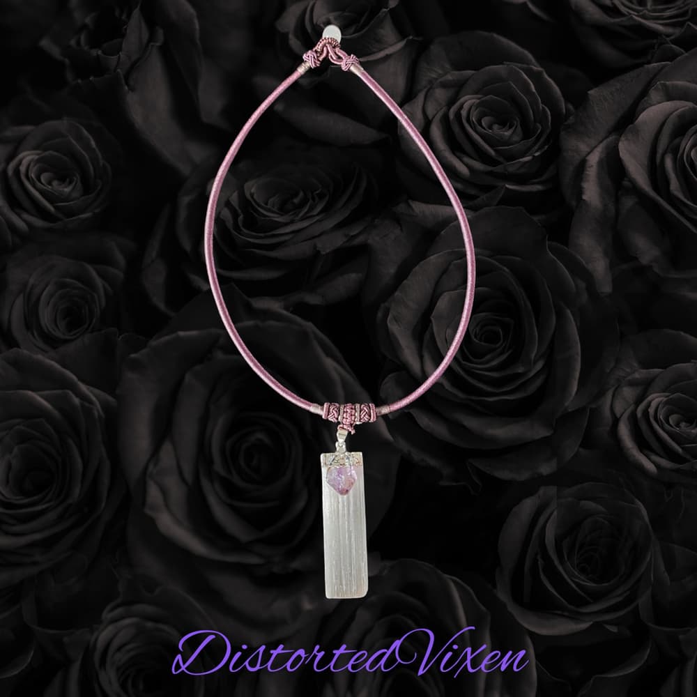 Amethyst & Selenite Necklace | Mauve Cord Choker | Crystal Healing Jewelry - Thumbnail 6