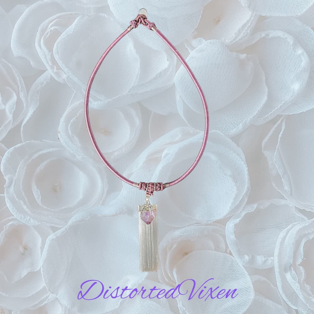 Amethyst & Selenite Necklace | Mauve Cord Choker | Crystal Healing Jewelry - Thumbnail 3