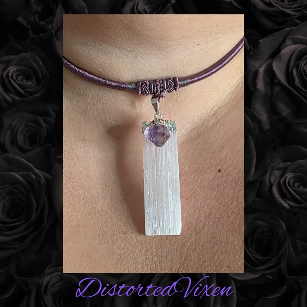 Amethyst & Selenite Necklace | Mauve Cord Choker | Crystal Healing Jewelry - Thumbnail 5