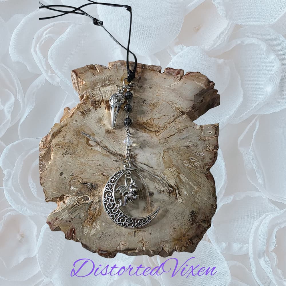Dragon Moon Necklace with Raven Skull & Hematite - Gothic Witchy Jewelry - Thumbnail 3