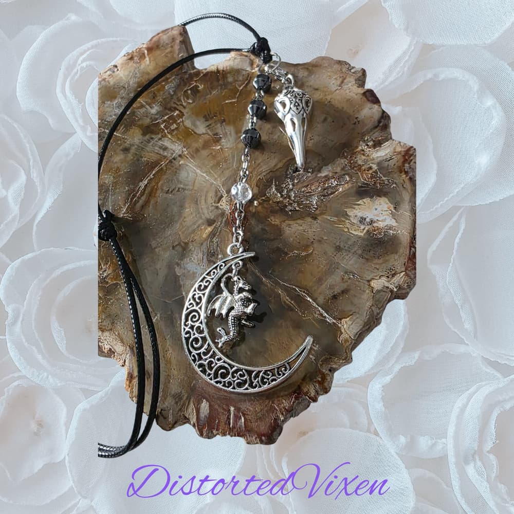 Dragon Moon Necklace with Raven Skull & Hematite - Gothic Witchy Jewelry - Thumbnail 4