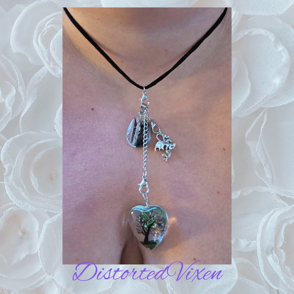 Tree of Life Dragon Necklace – Resin Heart Pendant with Teardrop Charm - Thumbnail 3