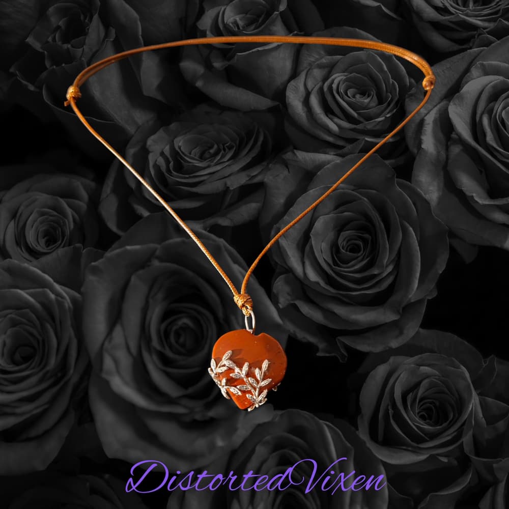 Red Jasper Heart Necklace with Silver Vine Detail Adjustable Cord - Thumbnail 7