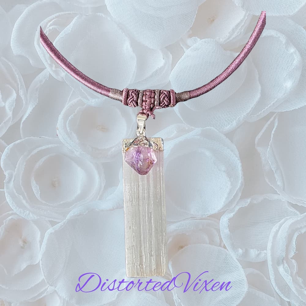 Amethyst & Selenite Necklace | Mauve Cord Choker | Crystal Healing Jewelry - Thumbnail 4