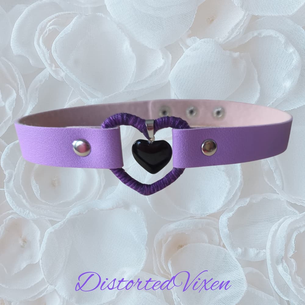 Black Obsidian Heart Choker – Purple Wrapped Heart Gothic Choker Necklace - Thumbnail 4