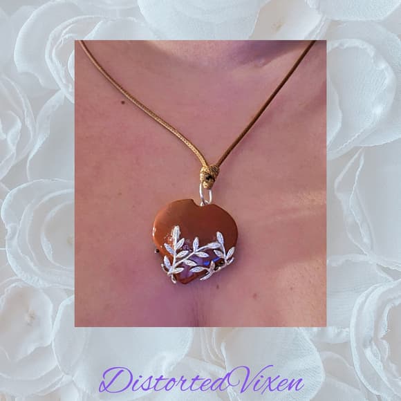 Red Jasper Heart Necklace with Silver Vine Detail Adjustable Cord - Thumbnail 10