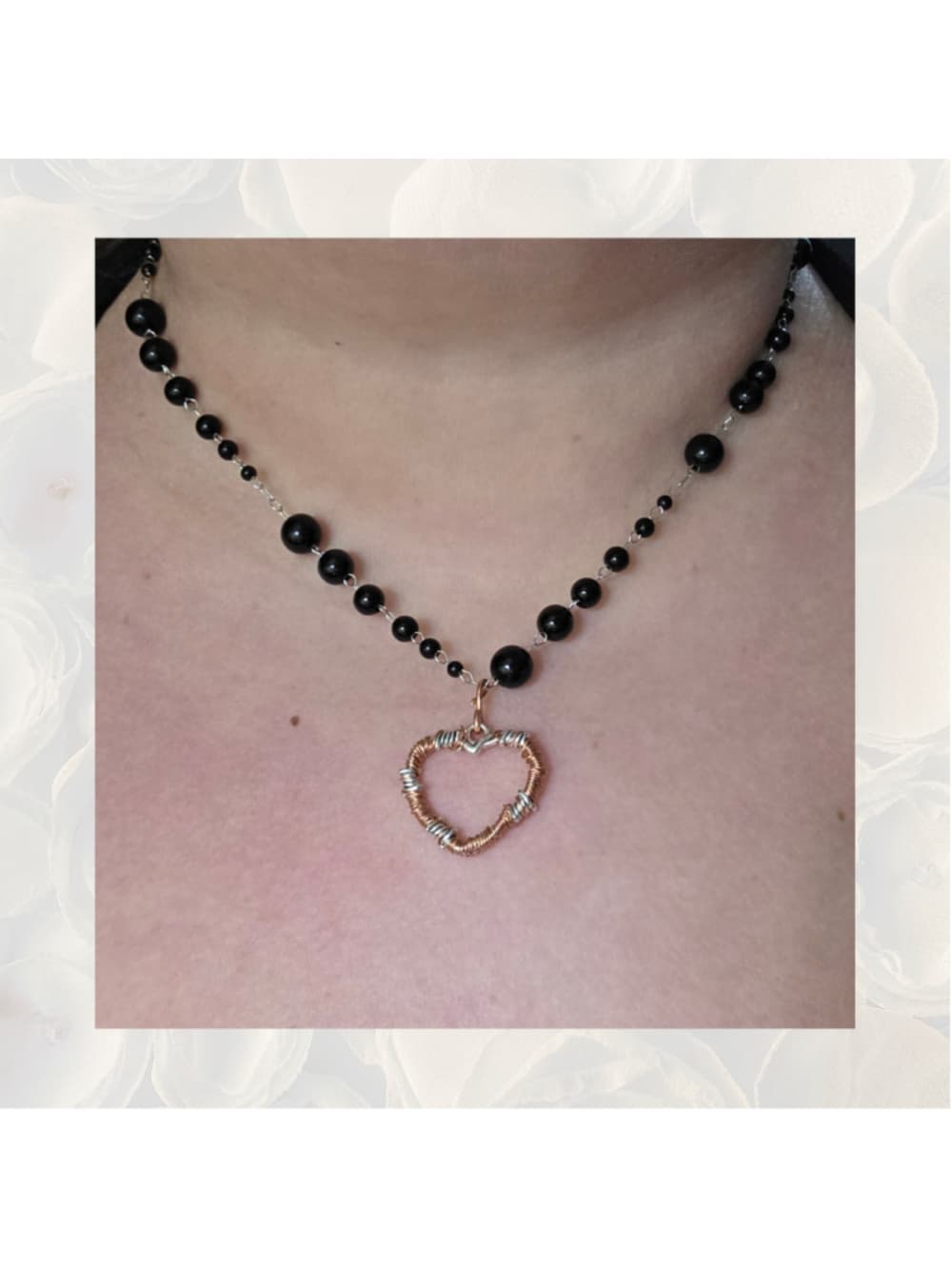Handmade Black Onyx Beaded Copper Barbed Wire Heart Necklace Goth Alt Grunge - Thumbnail 6