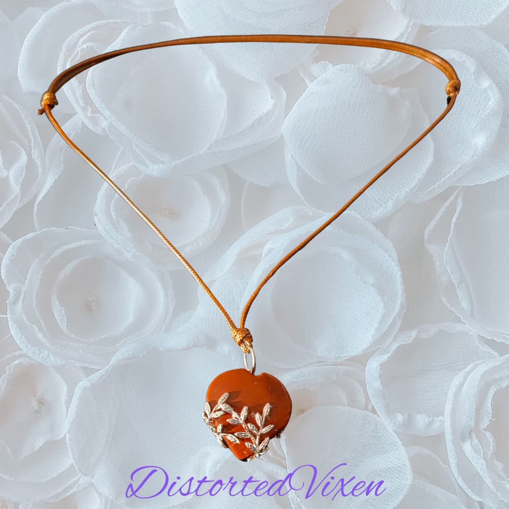 Red Jasper Heart Necklace with Silver Vine Detail Adjustable Cord - Thumbnail 2