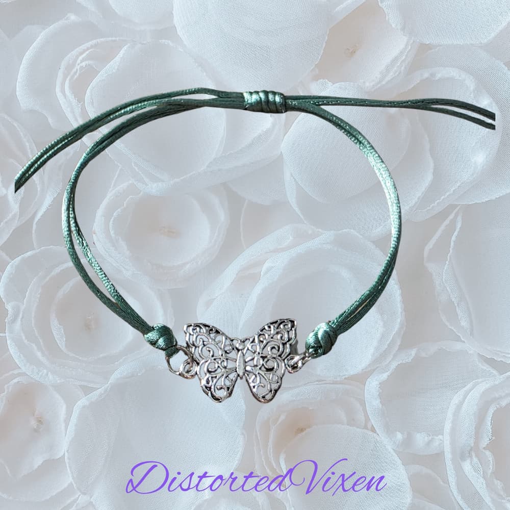 Silver Filigree Butterfly Bracelet - Sage Green Silk Cord - Ethereal Whimsigoth - Thumbnail 6