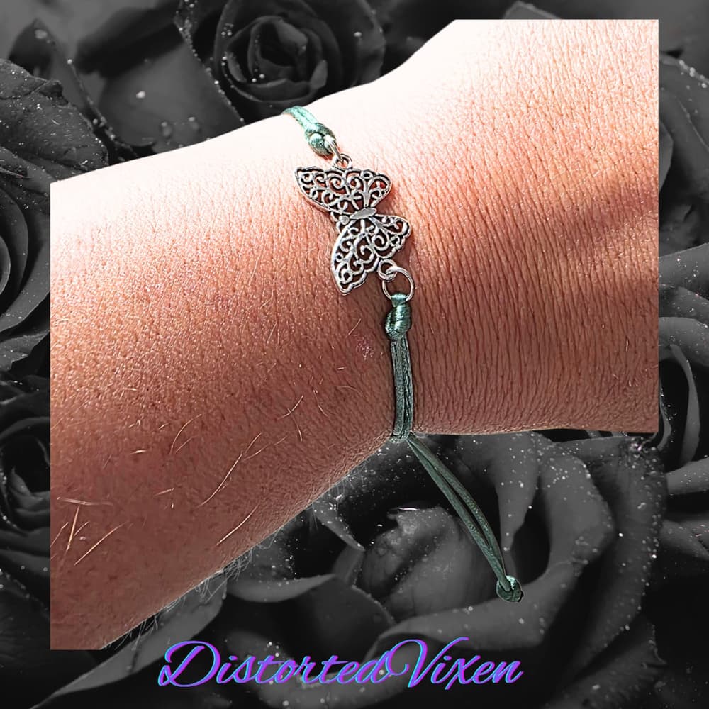 Silver Filigree Butterfly Bracelet - Sage Green Silk Cord - Ethereal Whimsigoth - Thumbnail 3