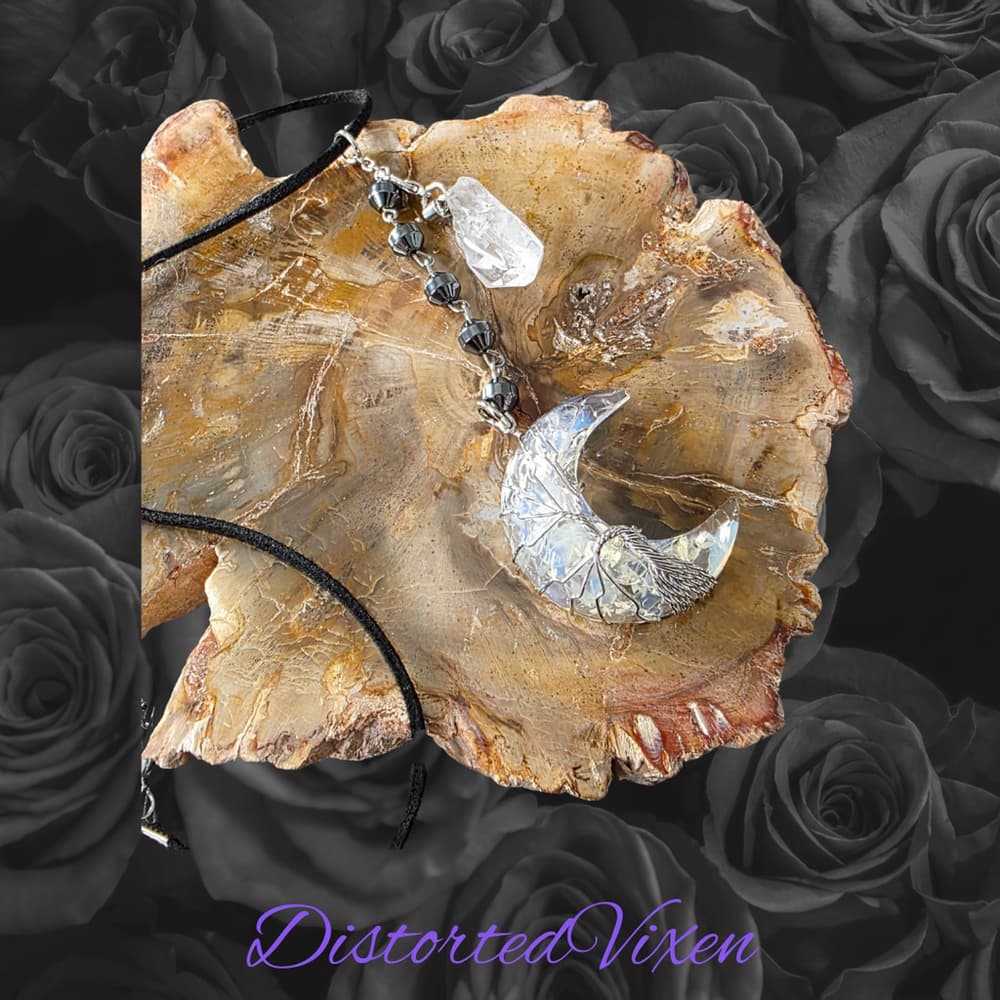 Opal-Filled Crescent Moon Necklace – with Clear Quartz Hematite - Thumbnail 9